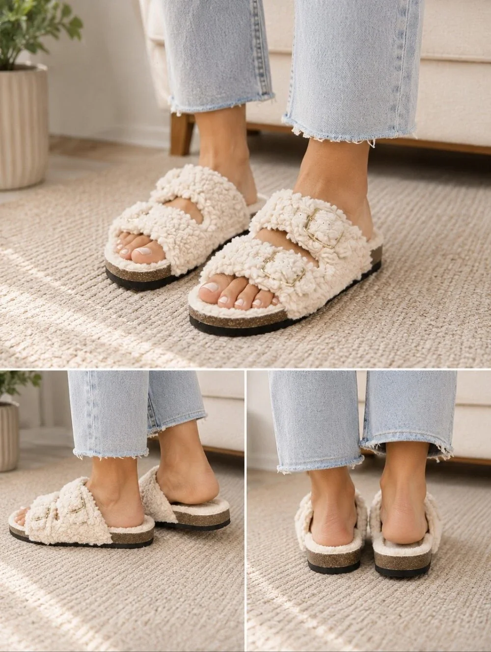Auden Faux Fur Double Strap Buckle Slippers - Cream - Women's Size 10 - NWT